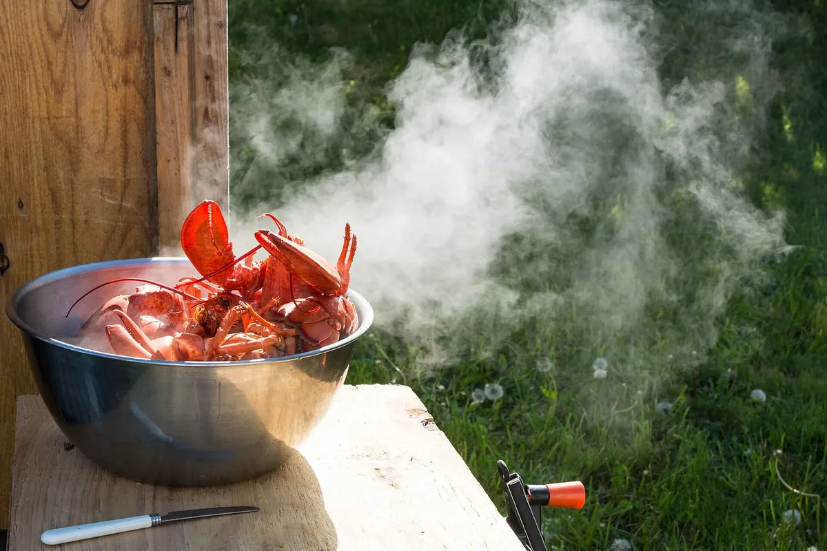 A steel bowl piled with freshly cooked bright-red lobsters, steam drifting across a green lawn, on a plank table beside a white-handled knife