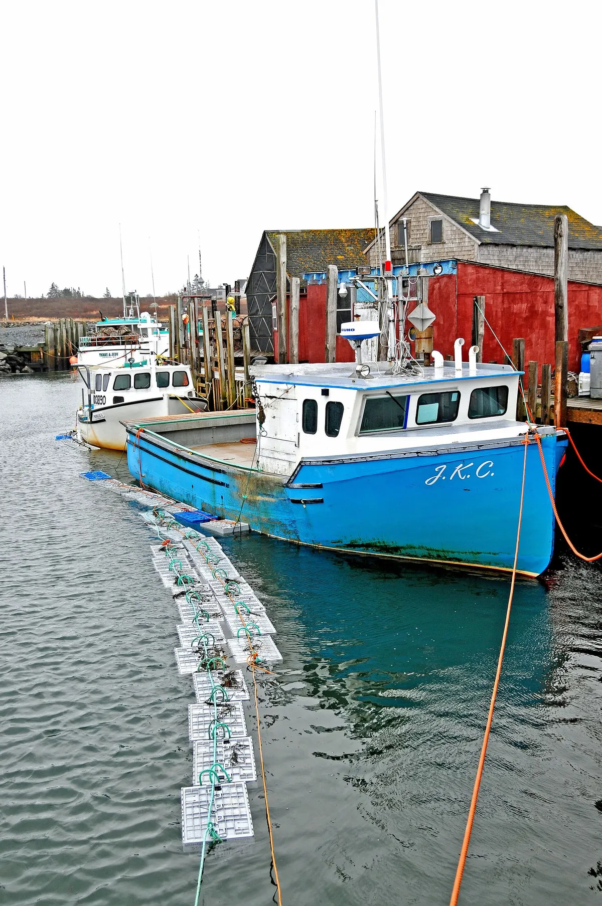 A blue lobster boat, J.K.C., tied up at the wharf in West Berlin, Queens County, in February, with a line of white plastic lobster crates floating alongside and red and grey fish sheds behind